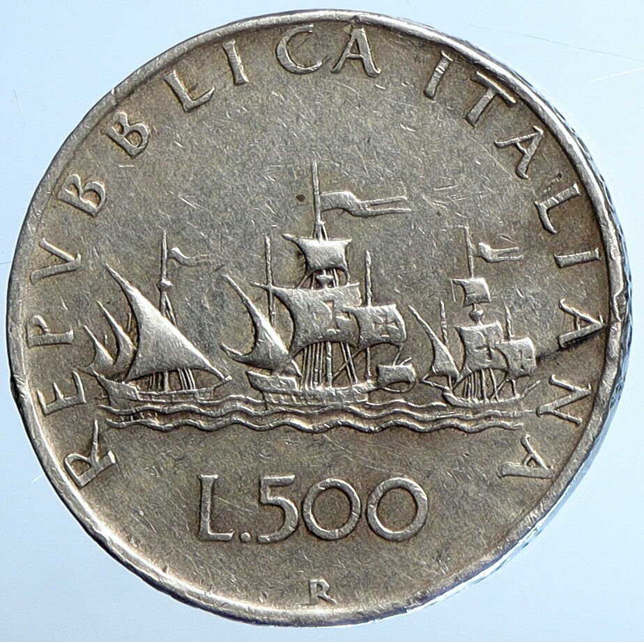 1958 ITALY CHRISTOPHER COLUMBUS Ship DISCOVER America SILVER 500L Coin i110892