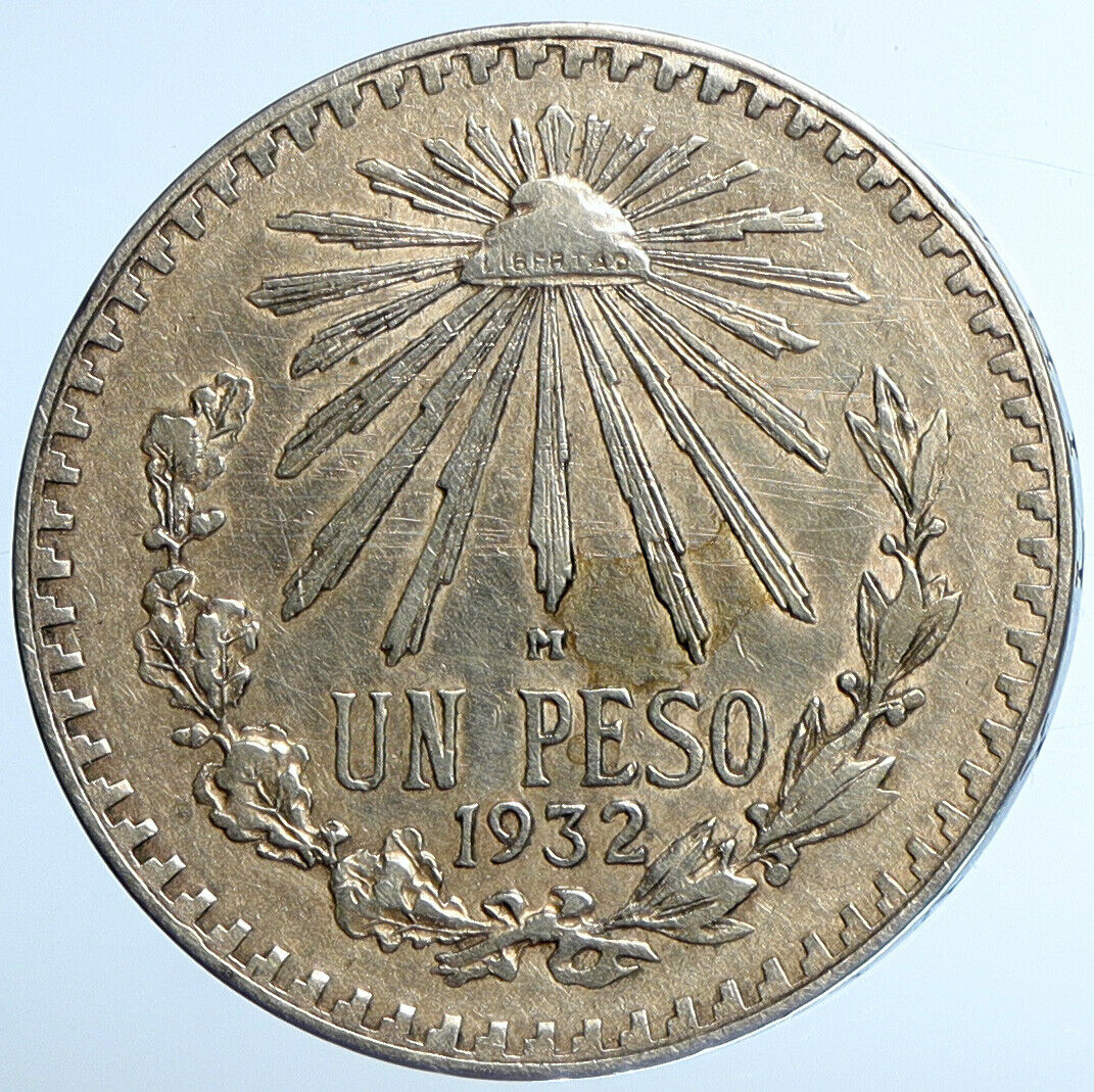 1932 M MEXICO Large Eagle Liberty Cap Mexican Antique Silver Peso Coin i110917