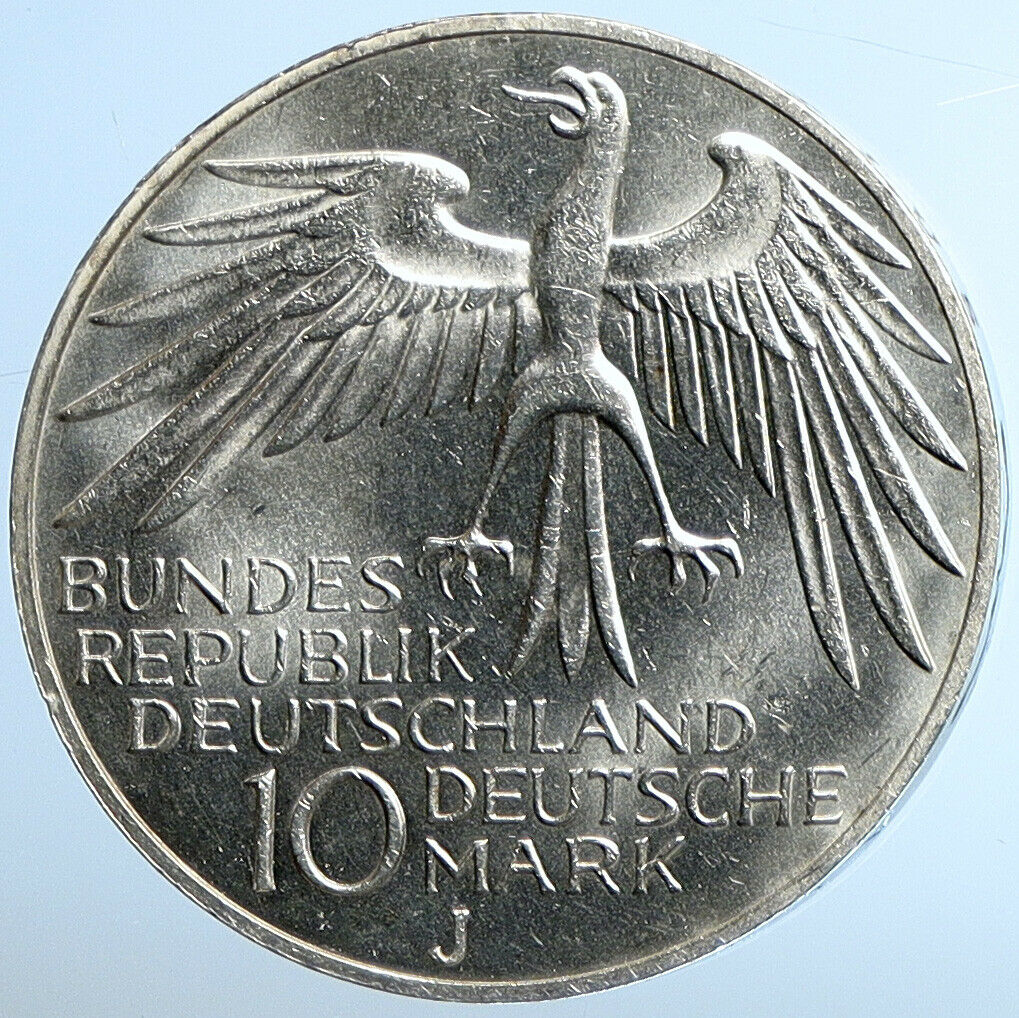 1972 J GERMANY Munich Summer Olympics Schleife Old Silver Coin 10 Mark i110899