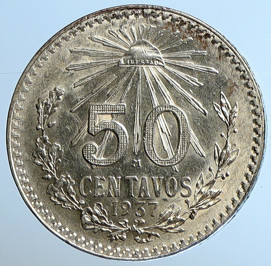 1942 M MEXICO City EAGLE CACTUS SERPENT Silver 50 Centavos Mexican Coin i110924