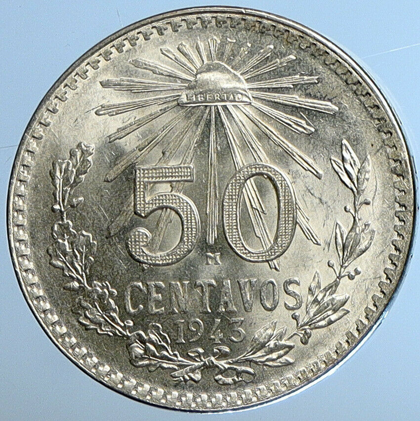 1939 MEXICO City EAGLE CACTUS SERPENT Silver 50 Centavos Mexican Coin i110919