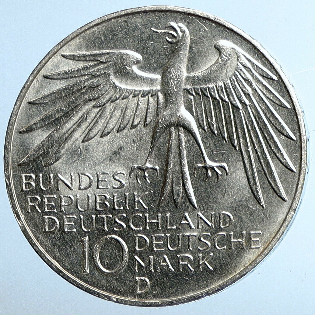 1972 D GERMANY Munich Summer Olympics Schleife Old Silver Coin 10 Mark i110925