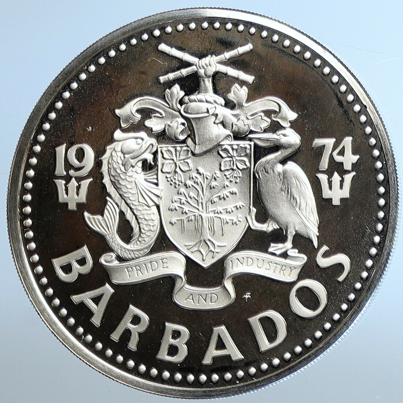 1974 BARBADOS Huge VINTAGE NEPTUNE Old Proof Silver 10 Dollars Coin i110973