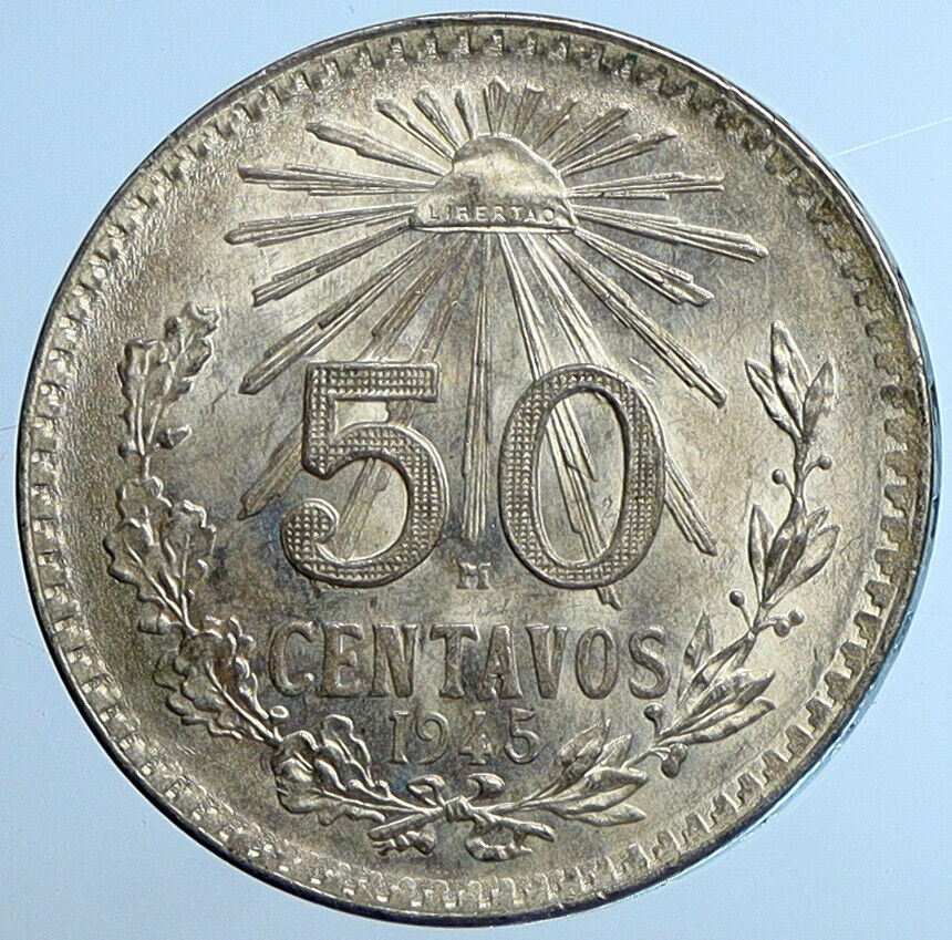 1944 M MEXICO City EAGLE CACTUS SERPENT Silver 50 Centavos Mexican Coin i110921