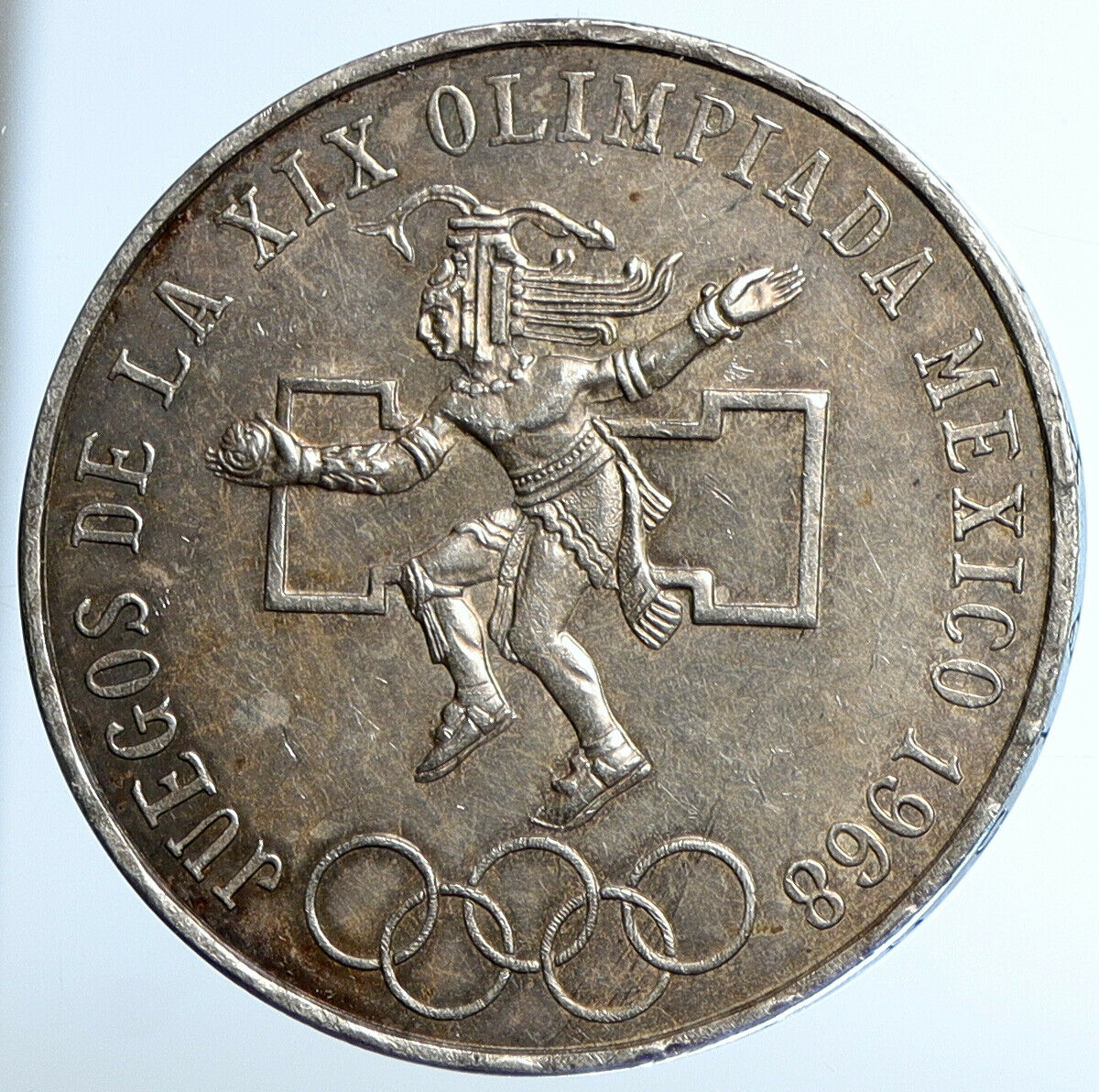 1968 Mexico XIX Olympic Games Aztec Ball Player BIG 25 Pesos Silver Coin i110977