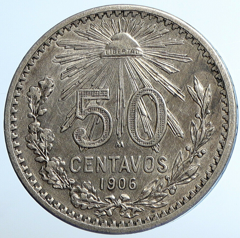 1906 MEXICO City EAGLE RADIANT CAP Old Silver 50 Centavos Mexican Coin i110922