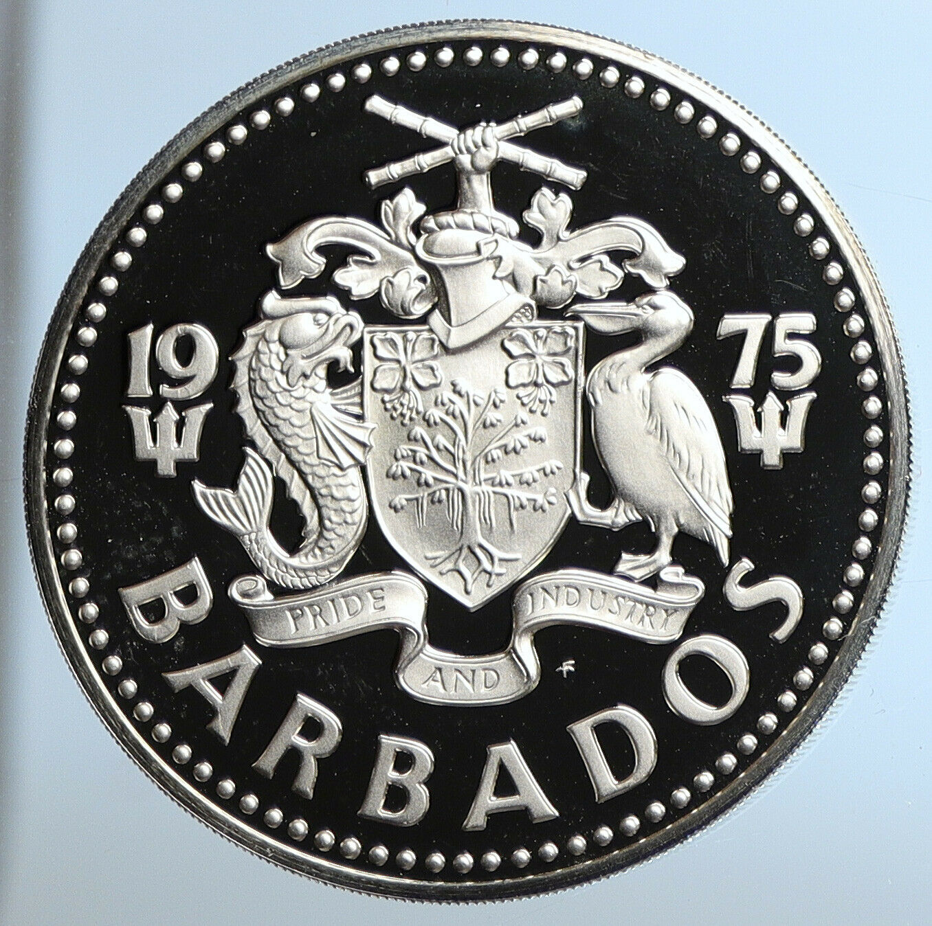 1975 BARBADOS Huge Genuine Old Proof Silver 10 Dollars Coin w NEPTUNE i110966