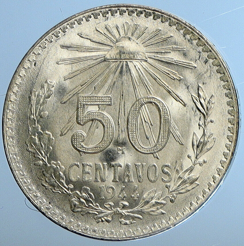 1944 M MEXICO City EAGLE CACTUS SERPENT Silver 50 Centavos Mexican Coin i110920