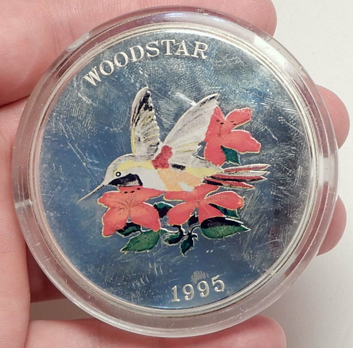 1995 TURKS & CAICOS Huge 6.3cm Proof Silver 25 Crowns Coin Woodstar Bird i70694