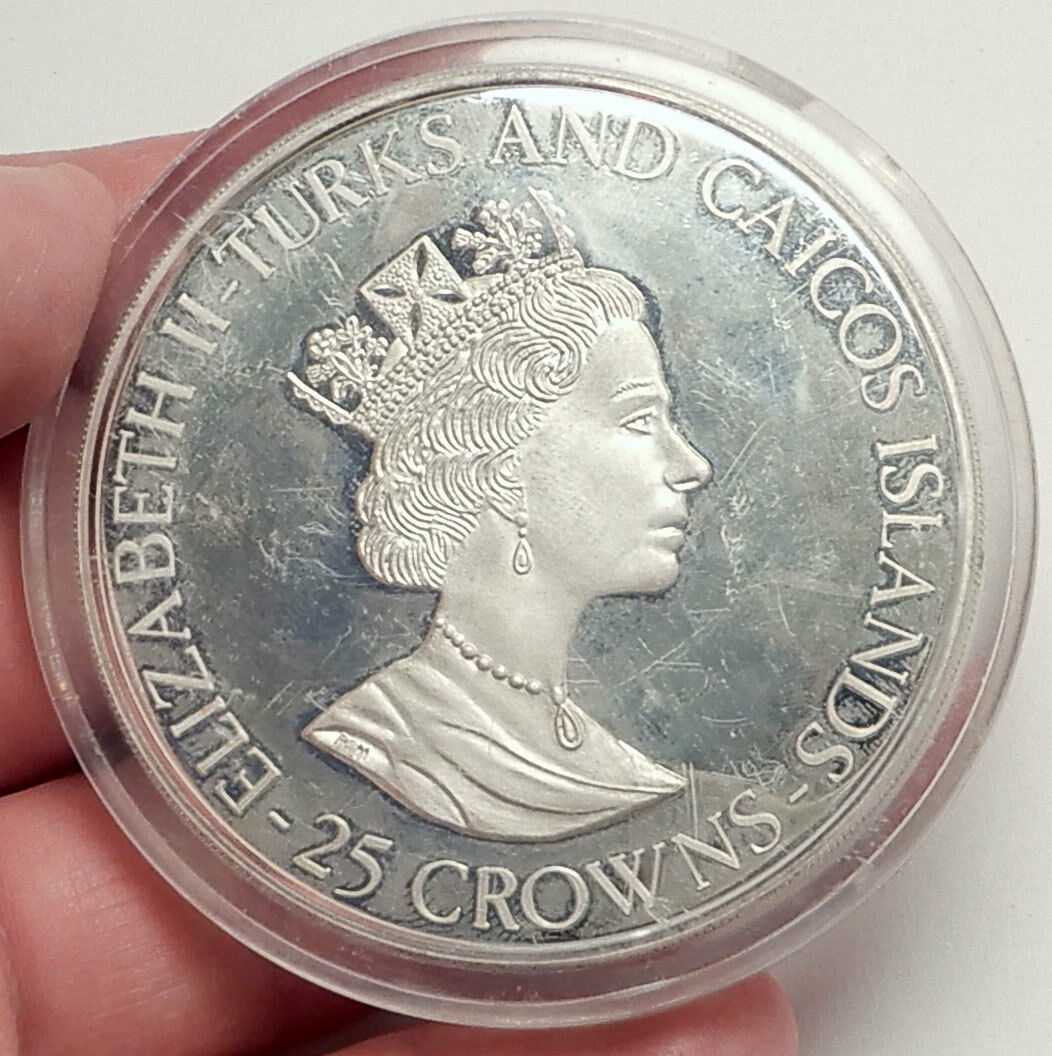 1995 TURKS & CAICOS Huge 6.3cm Proof Silver 25 Crowns Coin Woodstar Bird i70694