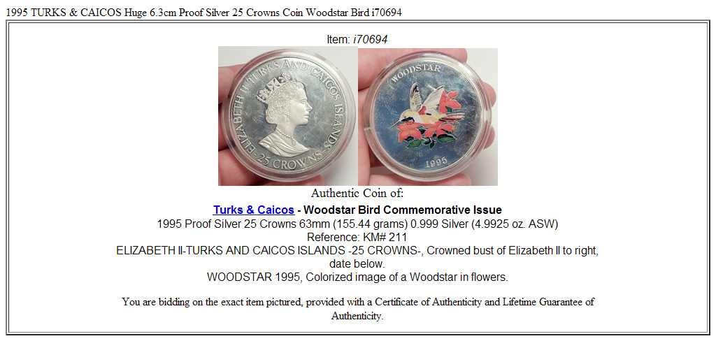 1995 TURKS & CAICOS Huge 6.3cm Proof Silver 25 Crowns Coin Woodstar Bird i70694