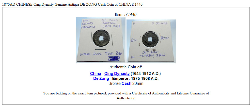 1875AD CHINESE Qing Dynasty Genuine Antique DE ZONG Cash Coin of CHINA i71440