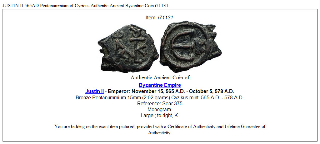 JUSTIN II 565AD Pentanummium of Cyzicus Authentic Ancient Byzantine Coin i71131