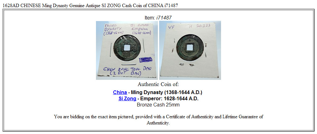 1628AD CHINESE Ming Dynasty Genuine Antique SI ZONG Cash Coin of CHINA i71487