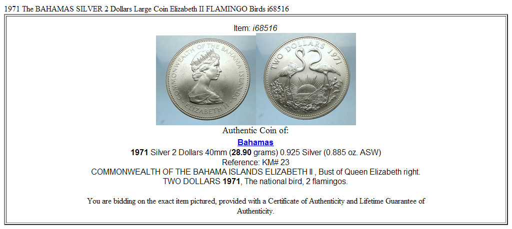 1971 The BAHAMAS SILVER 2 Dollars Large Coin Elizabeth II FLAMINGO Birds i68516