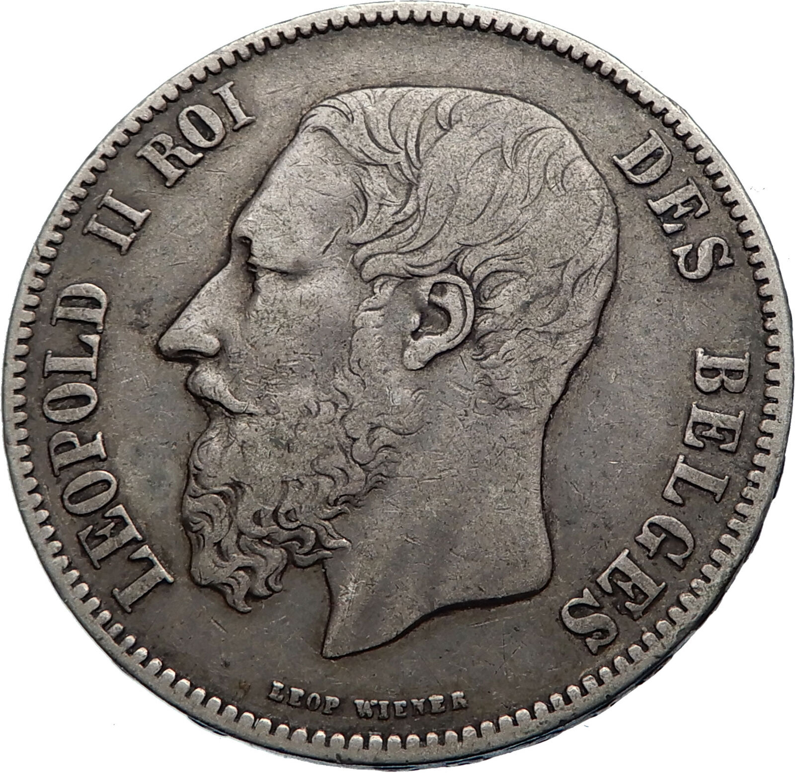 1873 BELGIUM Antique Silver 5 Francs Coin of King LEOPOLD II w LION i71987