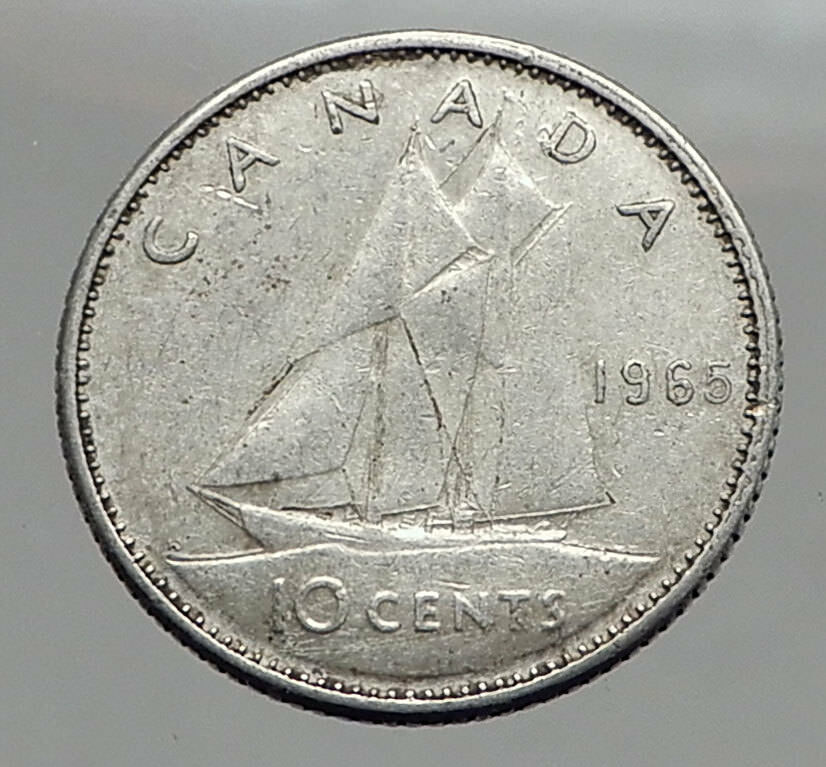 1965 CANADA Queen ELIZABETH II Silver 10 Cent SILVER Coin - BLUENOSE SHIP i63038