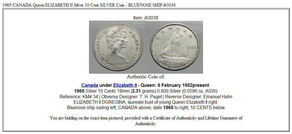 1965 CANADA Queen ELIZABETH II Silver 10 Cent SILVER Coin - BLUENOSE SHIP i63038