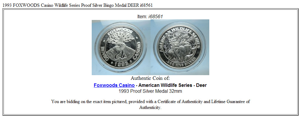 1993 FOXWOODS Casino Wildlife Series Proof Silver Bingo Medal DEER i68561