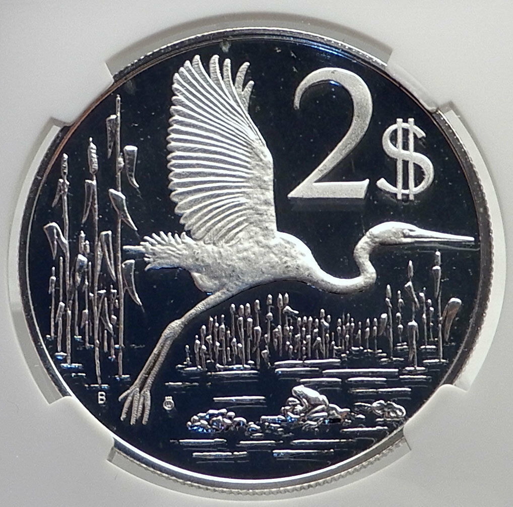 1974 CAYMAN ISLANDS 4.0cm Proof Silver $2 Coin GREAT BLUE HERON BIRD NGC i72156