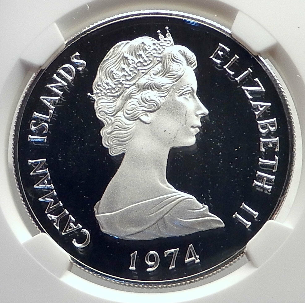 1974 CAYMAN ISLANDS 4.0cm Proof Silver $2 Coin GREAT BLUE HERON BIRD NGC i72156