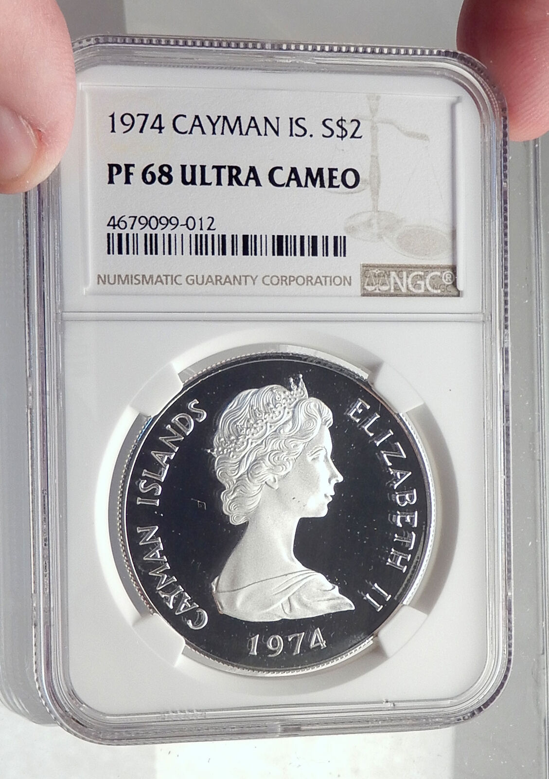 1974 CAYMAN ISLANDS 4.0cm Proof Silver $2 Coin GREAT BLUE HERON BIRD NGC i72156