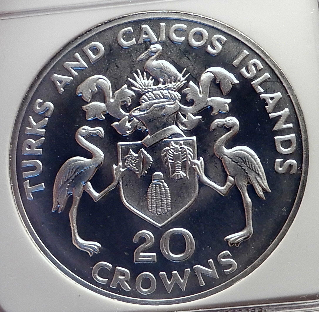 1974 TURKS & CAICOS Silver 20 Crowns WINSTON CHURCHILL CommemorativeNGC i72157