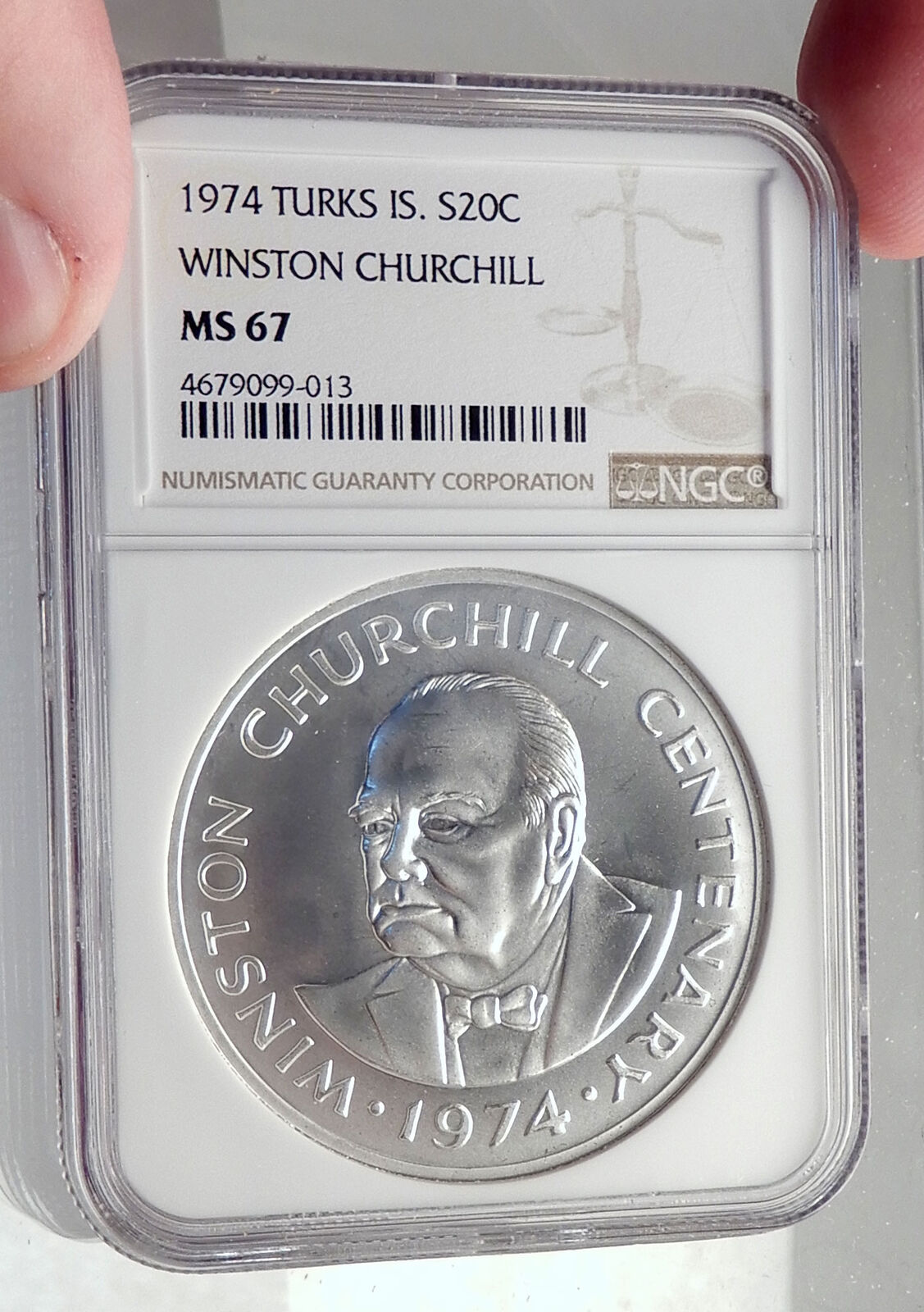 1974 TURKS & CAICOS Silver 20 Crowns WINSTON CHURCHILL CommemorativeNGC i72157