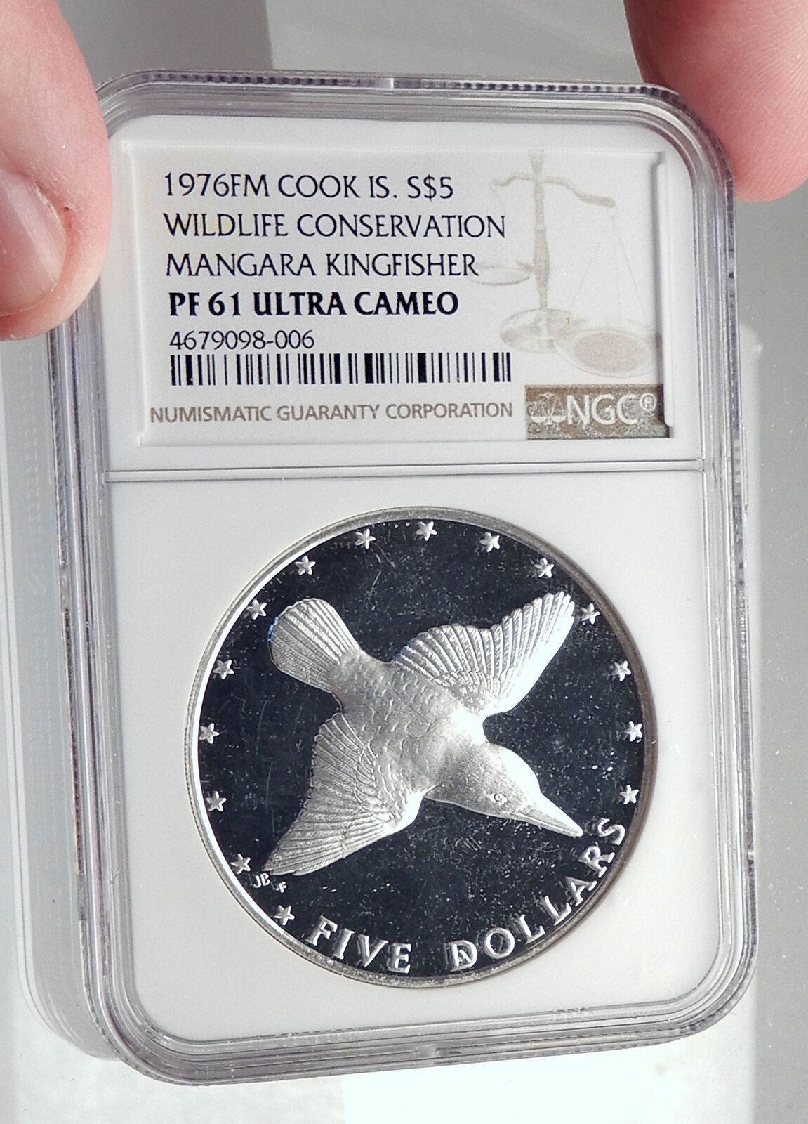 1976 COOK ISLANDS Proof Silver 5 Dollars Coin MANGARA KINGFISHER BIRD NGC i72134