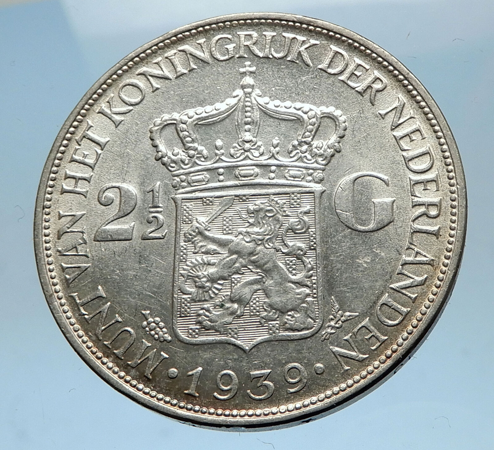 1939 Netherlands Kingdom Queen WILHELMINA 2 1/2 Gulden BIG Silver Coin i68572