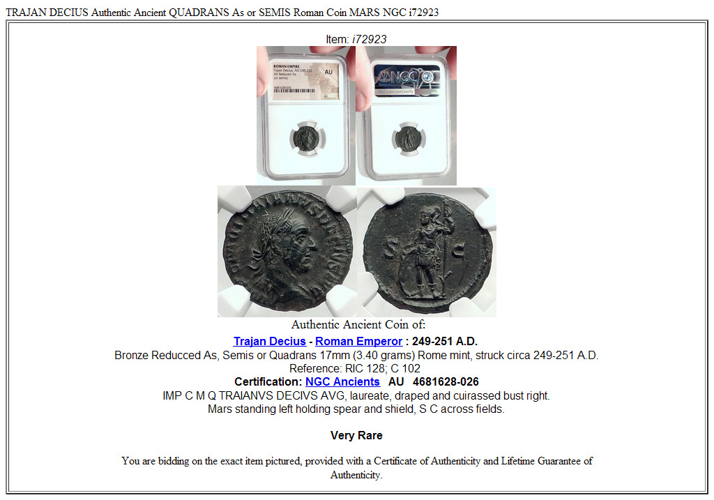 TRAJAN DECIUS Authentic Ancient QUADRANS As or SEMIS Roman Coin MARS NGC i72923