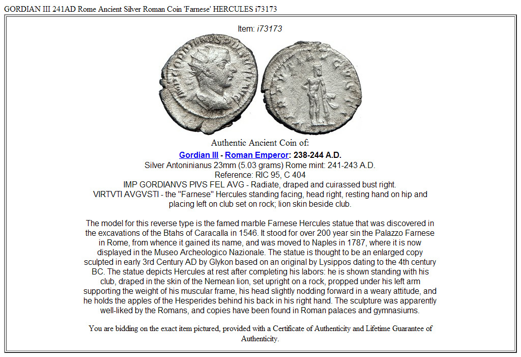 GORDIAN III 241AD Rome Ancient Silver Roman Coin 'Farnese' HERCULES i73173