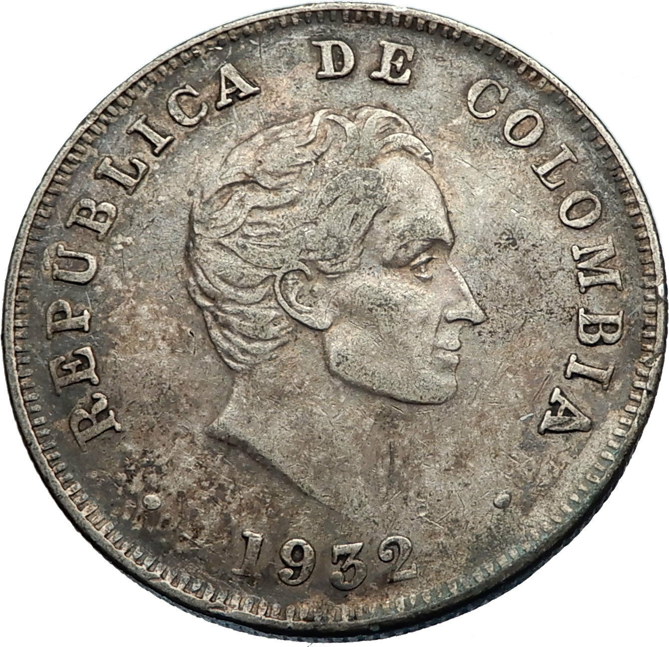 1932 COLOMBIA Authentic Silver 50 Centavos Columbian Coin w SIMON BOLIVAR i71192