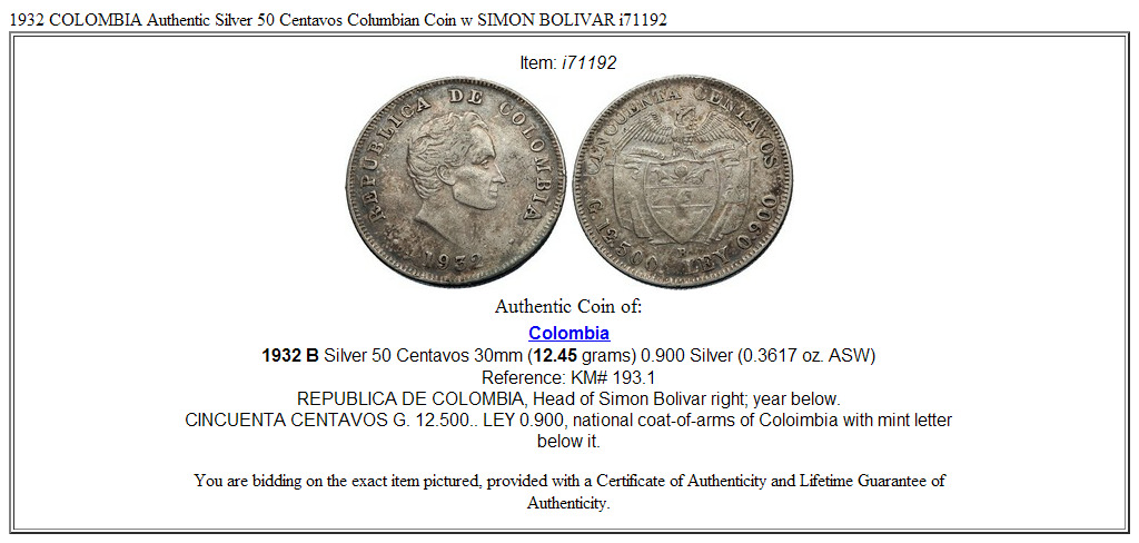 1932 COLOMBIA Authentic Silver 50 Centavos Columbian Coin w SIMON BOLIVAR i71192