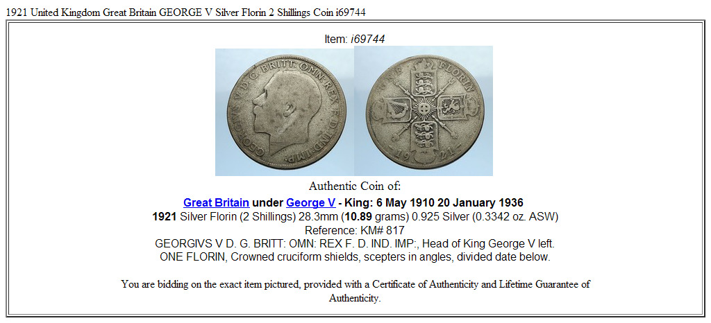 1921 United Kingdom Great Britain GEORGE V Silver Florin 2 Shillings Coin i69744