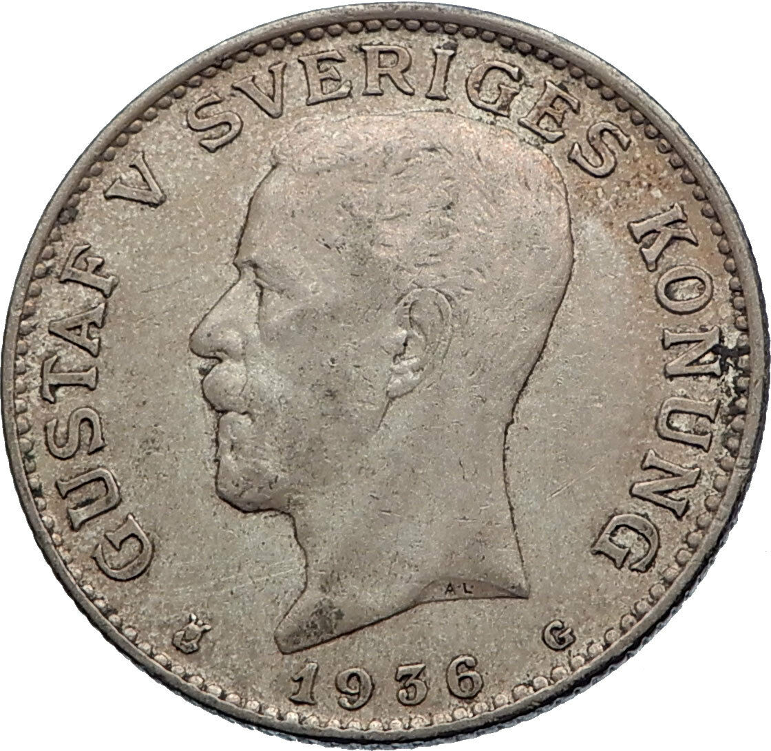 1936 Sweden GUSTAF V Silver Krona Crowned ARMS Antique Vintage Coin i71966