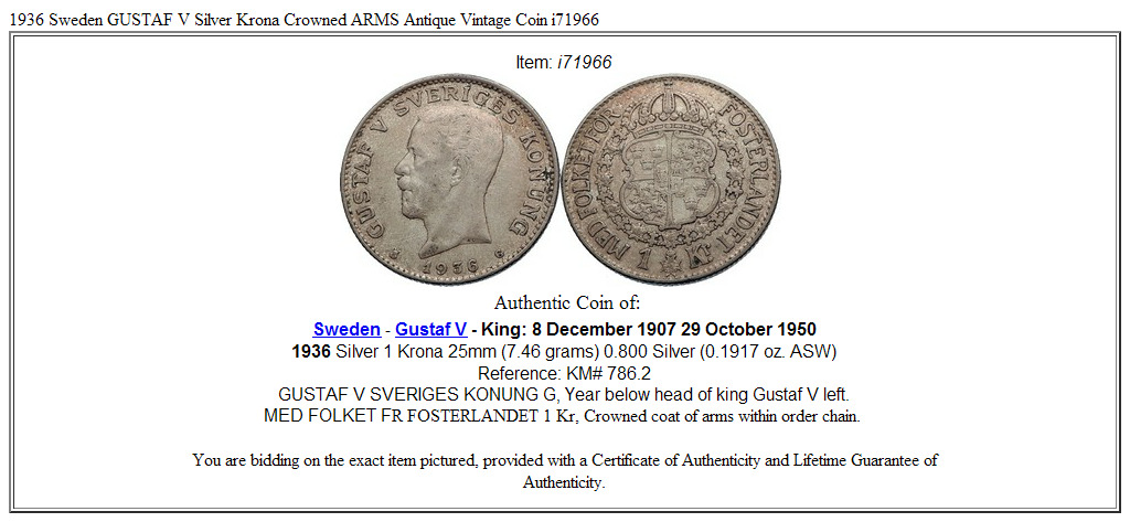 1936 Sweden GUSTAF V Silver Krona Crowned ARMS Antique Vintage Coin i71966