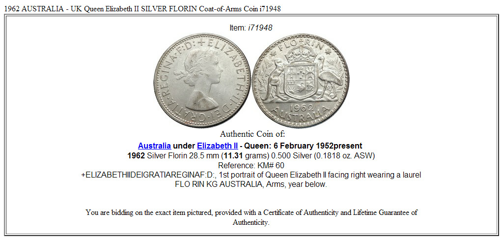 1962 AUSTRALIA - UK Queen Elizabeth II SILVER FLORIN Coat-of-Arms Coin i71948