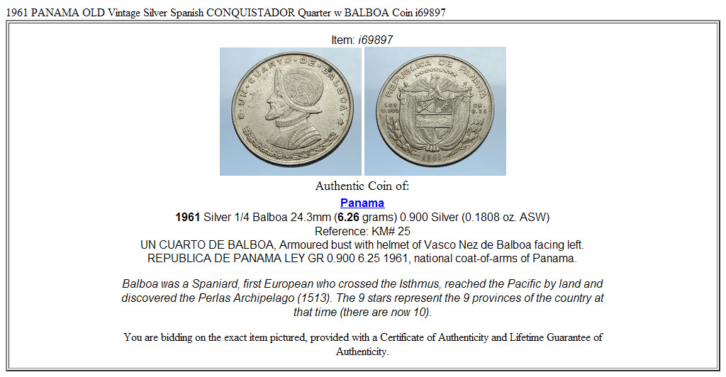 1961 PANAMA OLD Vintage Silver Spanish CONQUISTADOR Quarter w BALBOA Coin i69897