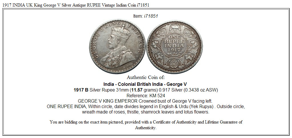 1917 INDIA UK King George V Silver Antique RUPEE Vintage Indian Coin i71851