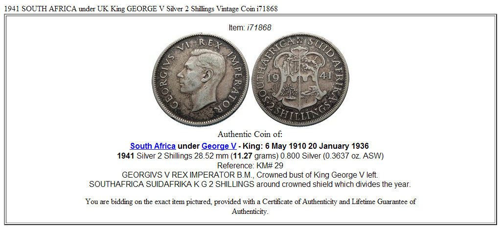 1941 SOUTH AFRICA under UK King GEORGE V Silver 2 Shillings Vintage Coin i71868