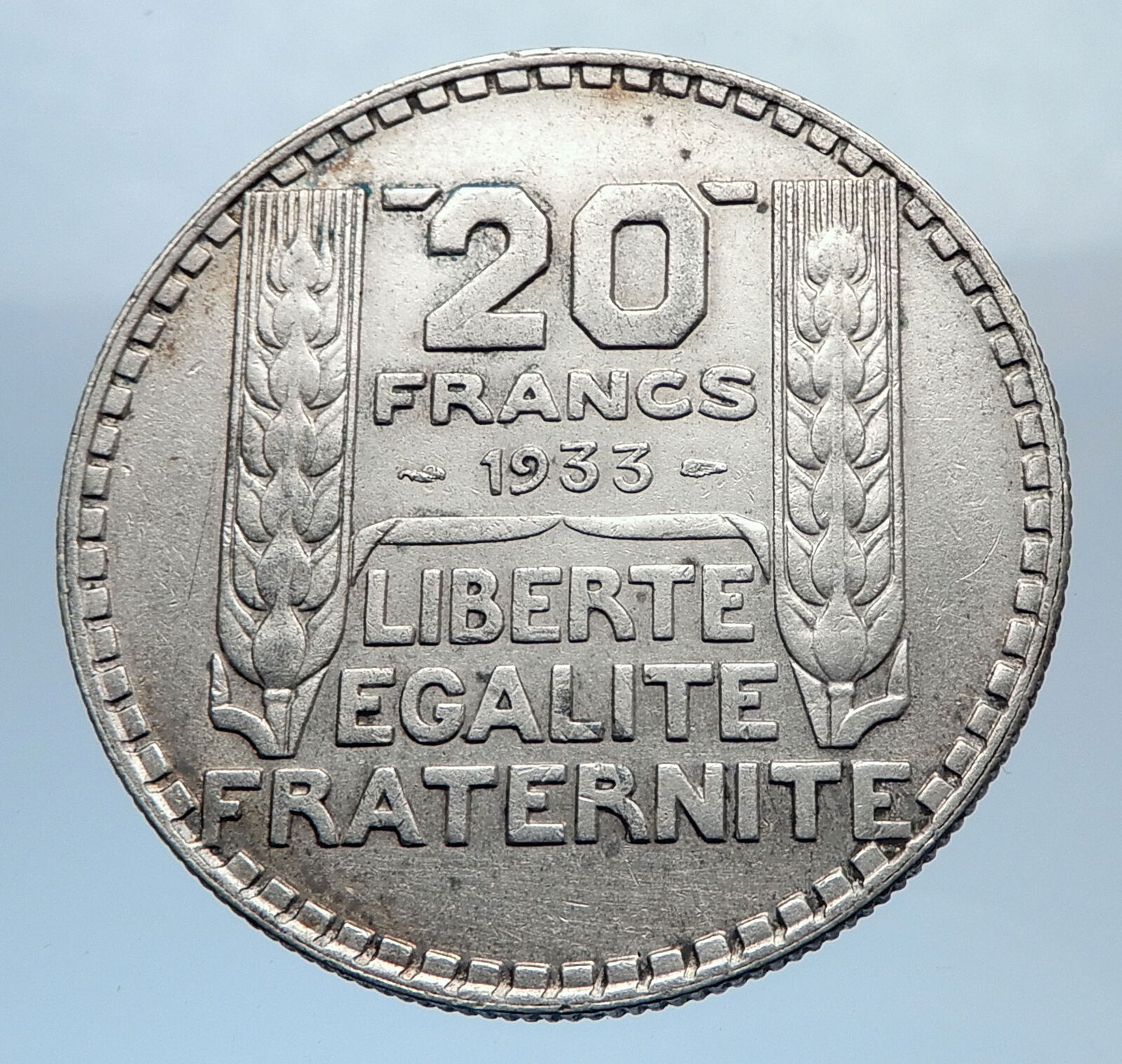 1933 FRANCE Authentic Large Silver 20 Francs Vintage French MOTTO Coin i71835