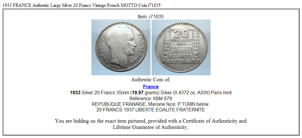 1933 FRANCE Authentic Large Silver 20 Francs Vintage French MOTTO Coin i71835