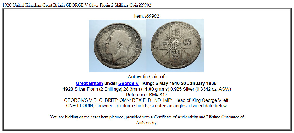 1920 United Kingdom Great Britain GEORGE V Silver Florin 2 Shillings Coin i69902