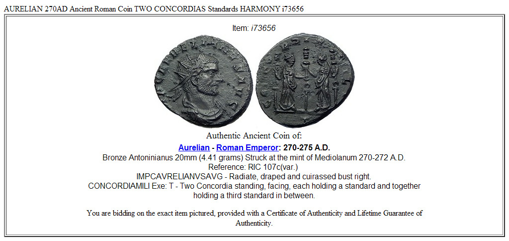 AURELIAN 270AD Ancient Roman Coin TWO CONCORDIAS Standards HARMONY i73656