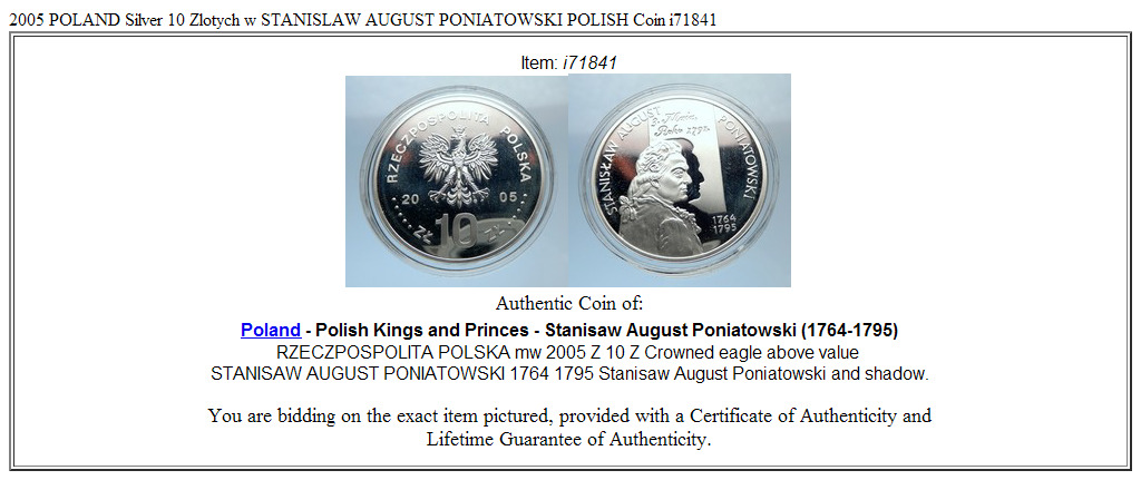 2005 POLAND Silver 10 Zlotych w STANISLAW AUGUST PONIATOWSKI POLISH Coin i71841