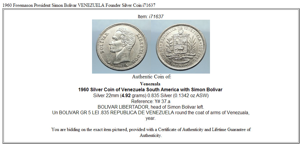 1960 Freemason President Simon Bolivar VENEZUELA Founder Silver Coin i71637