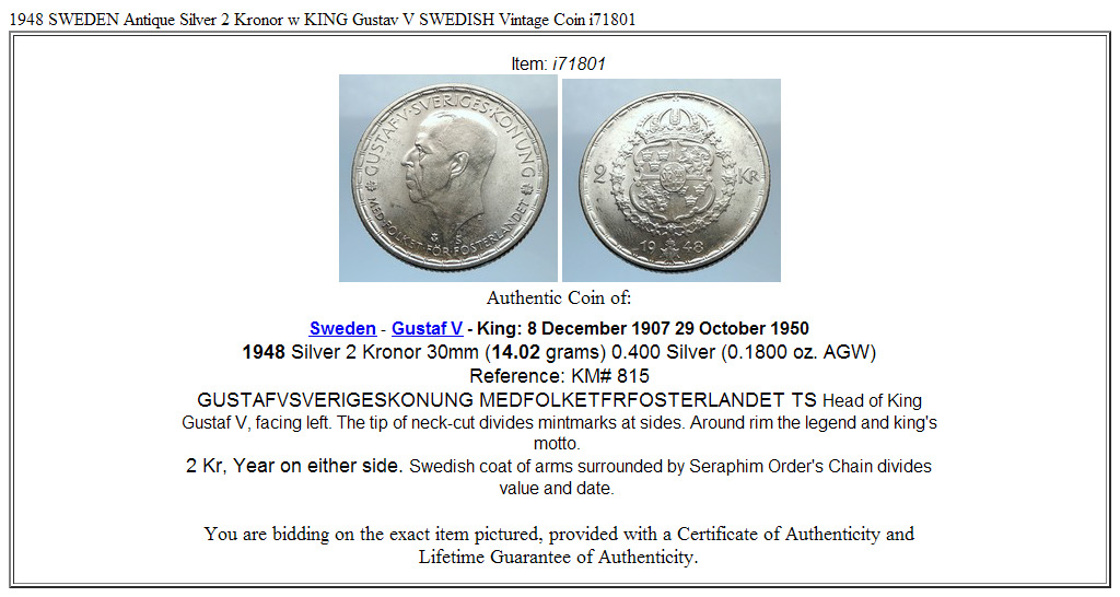 1948 SWEDEN Antique Silver 2 Kronor w KING Gustav V SWEDISH Vintage Coin i71801