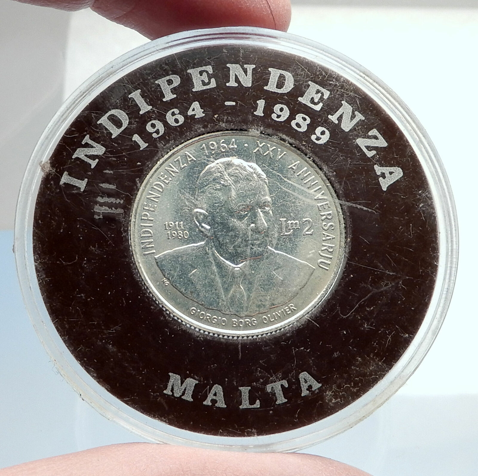 1989 MALTA Independence Prime Minister GIORGIO BORG OLIVIER Silver Coin i74062