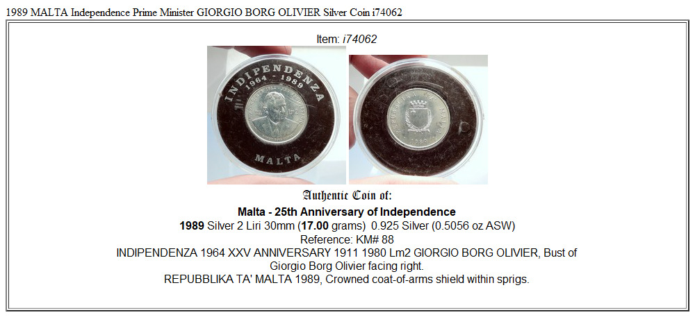 1989 MALTA Independence Prime Minister GIORGIO BORG OLIVIER Silver Coin i74062